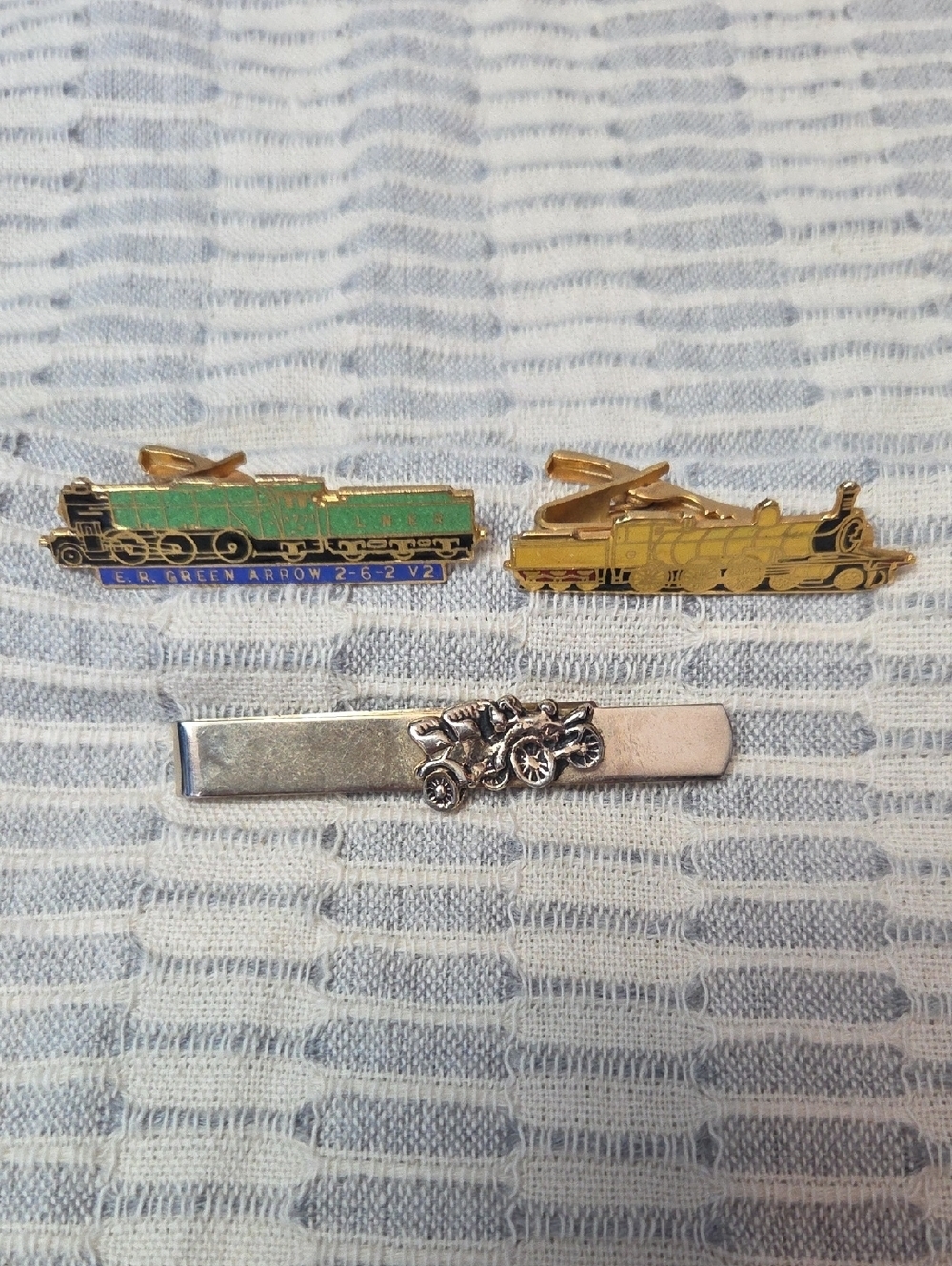 Vintage Green and Gold Train Tie Clips - Vintage